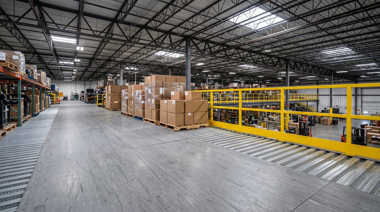 Tablier de mezzanine industrielle avec plancher en panneau de résine et garde-corps de sécurité