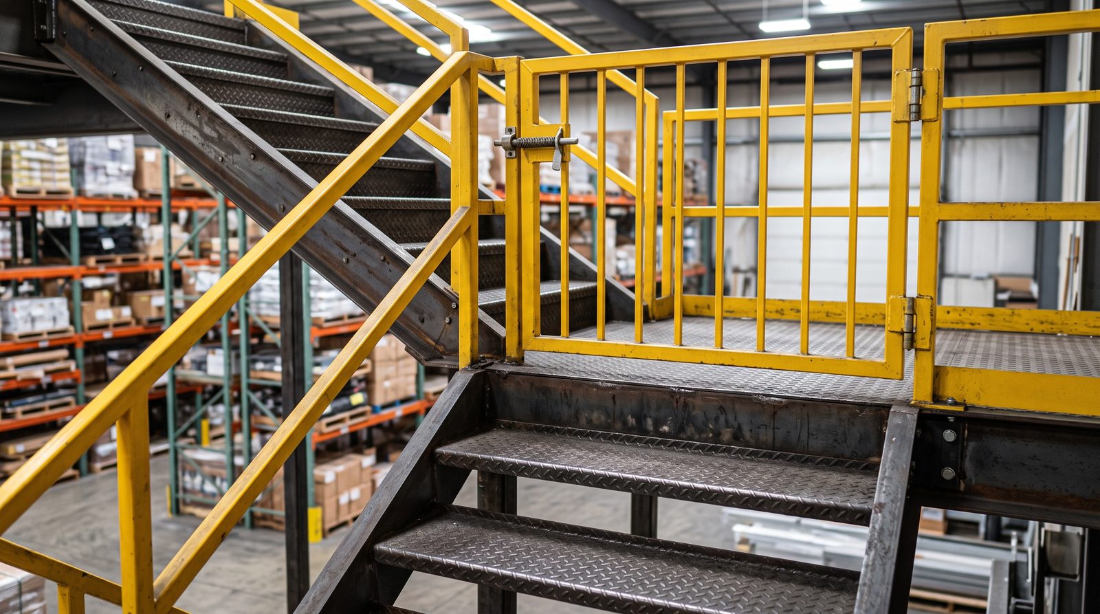 Escalier de mezzanine en acier avec garde-corps et barrière de sécurité à fermeture automatique